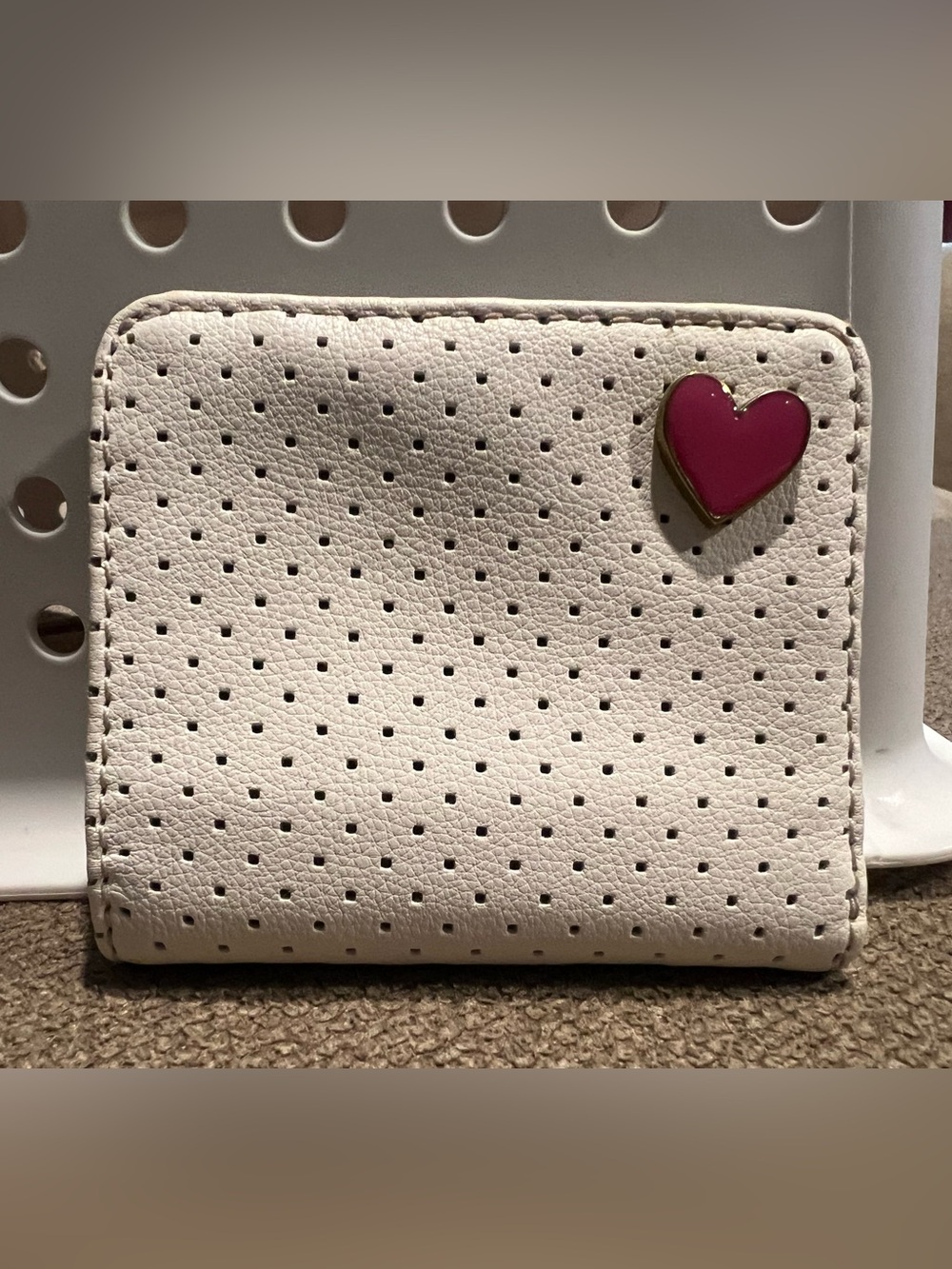 Fossil White Perforated Wallet with Pink Heart Pin